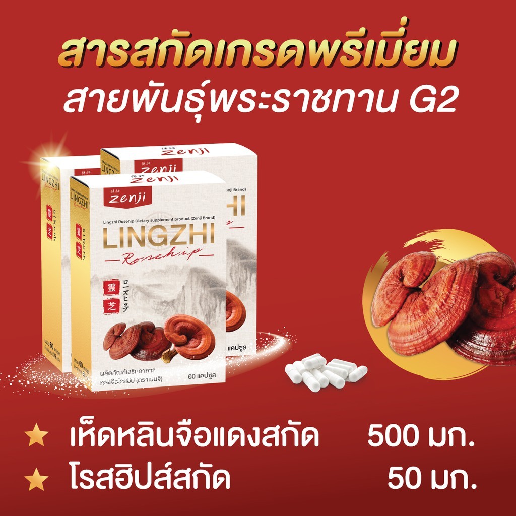 Zenji เห็ดหลินจือแดง สกัด  500 มก. + โรสฮิปสกัด 60 แคปซูล/กล่อง หลินจือ โรสฮิป