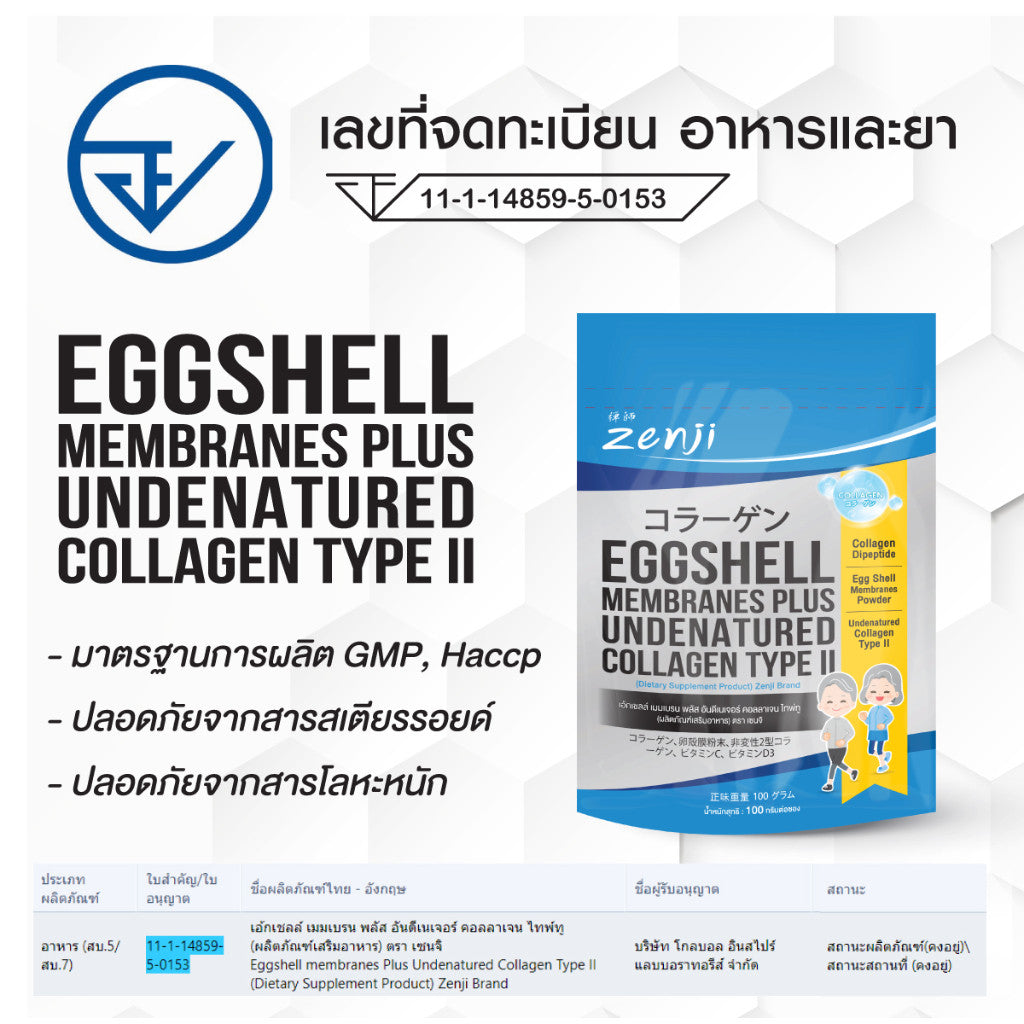 Zenji Eggshell Plus Undenatured Collagen Type II เยื่อหุ้มเปลือกไข่ อันดีเนเจอร์ คอลลาเจน ไทพ์ทู